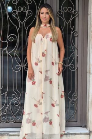 Vestido longo confeccionado em chiffon