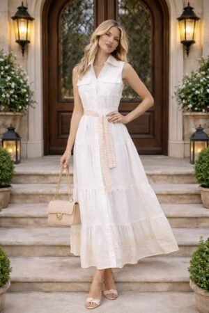 Vestido chemise longo com botões frontais.