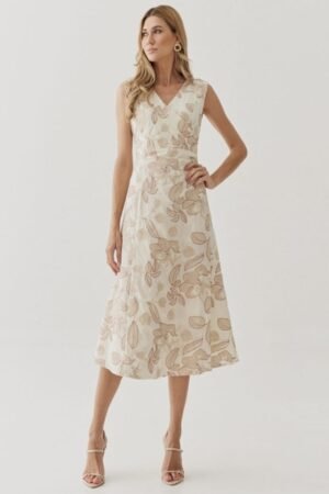 VESTIDO MIDI ALG BORDADO TRANSP PREGAS CINTURA
