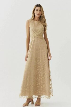 VESTIDO LONGO TULE BORDADO TORÇÃO NA FRENTE