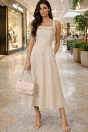 Vestido midi confeccionado em linho